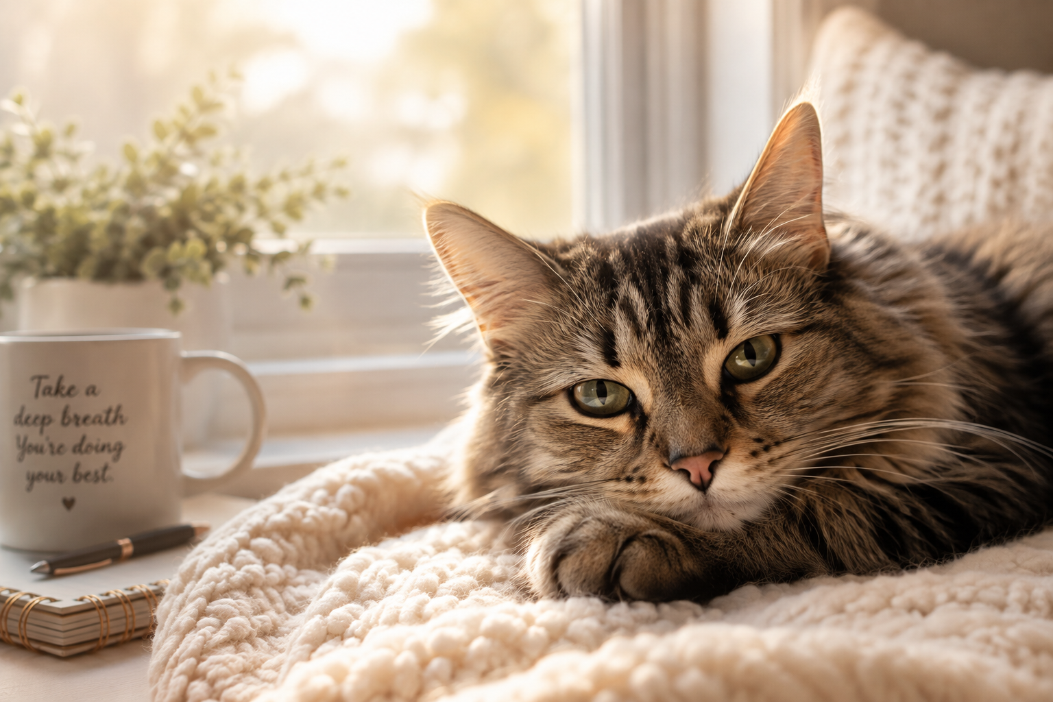 Long-haired tabby cat resting on a blanket beside a window