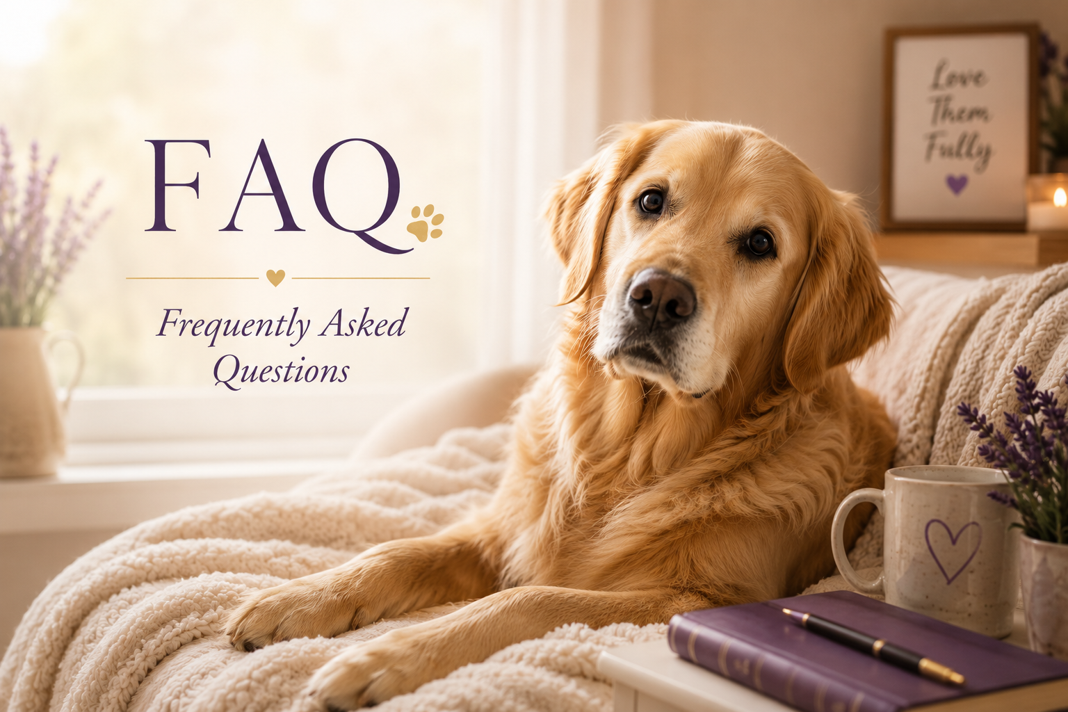 Golden Retriever with the words FAQ Frequently Asked Questions