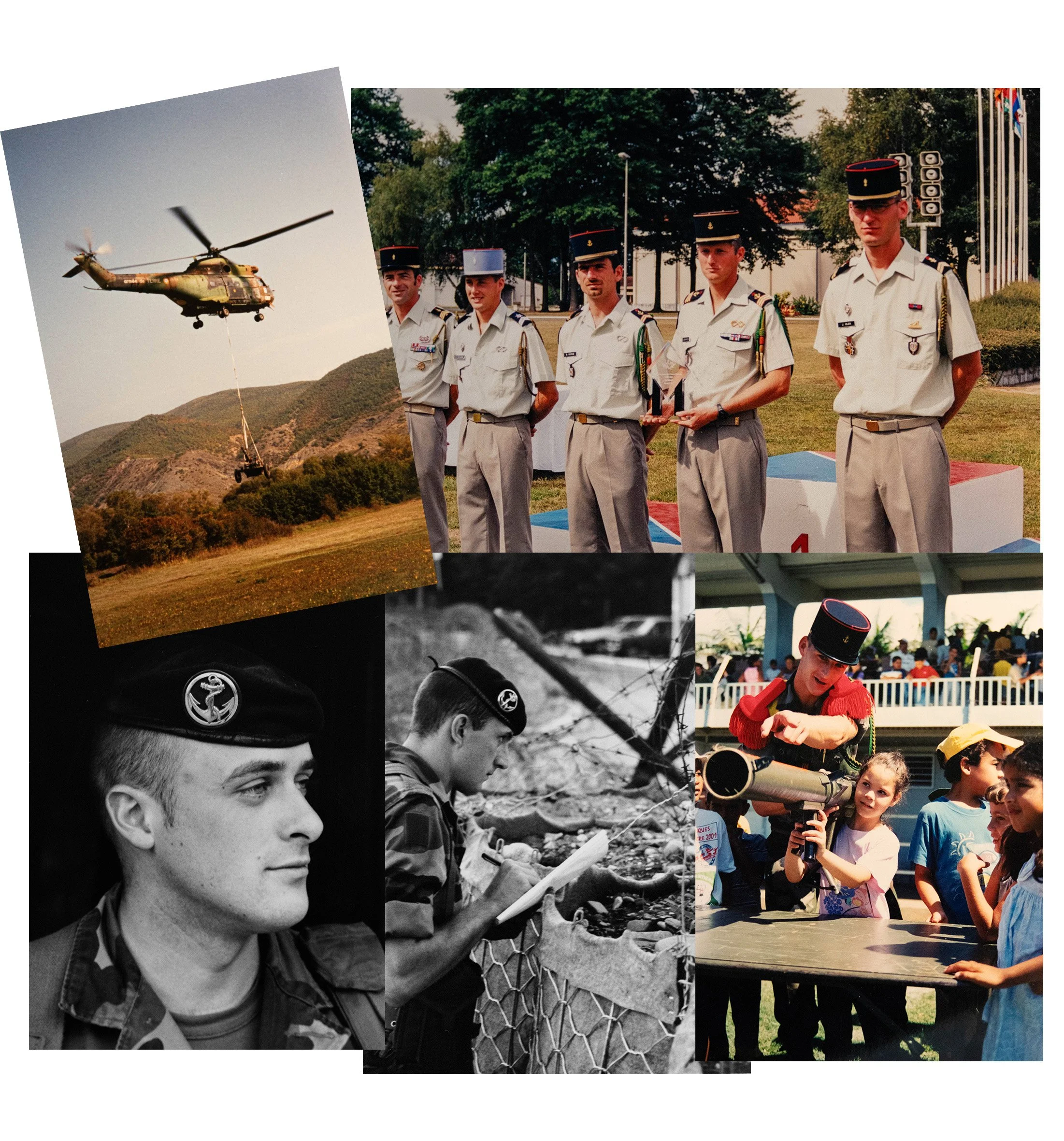 Photos de jeunes soldats en uniforme, un hélicoptère en vol, des enfants participant à une activité éducative, et une femme avec un viseur arrangeant des enfants dans une activité extérieure.