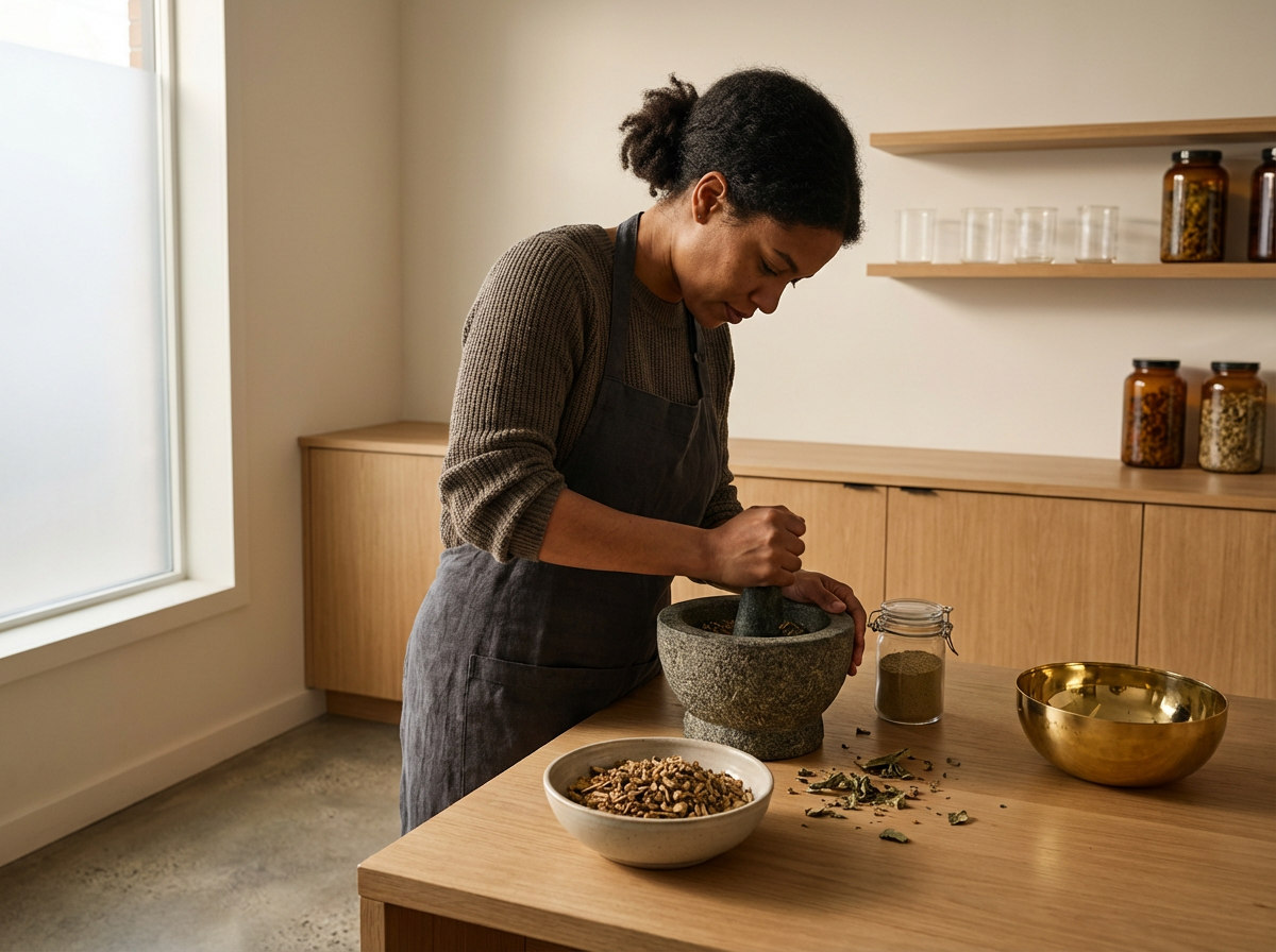 Een vrouw die kruiden maalt in een keuken met houten kasten en glazen potten.