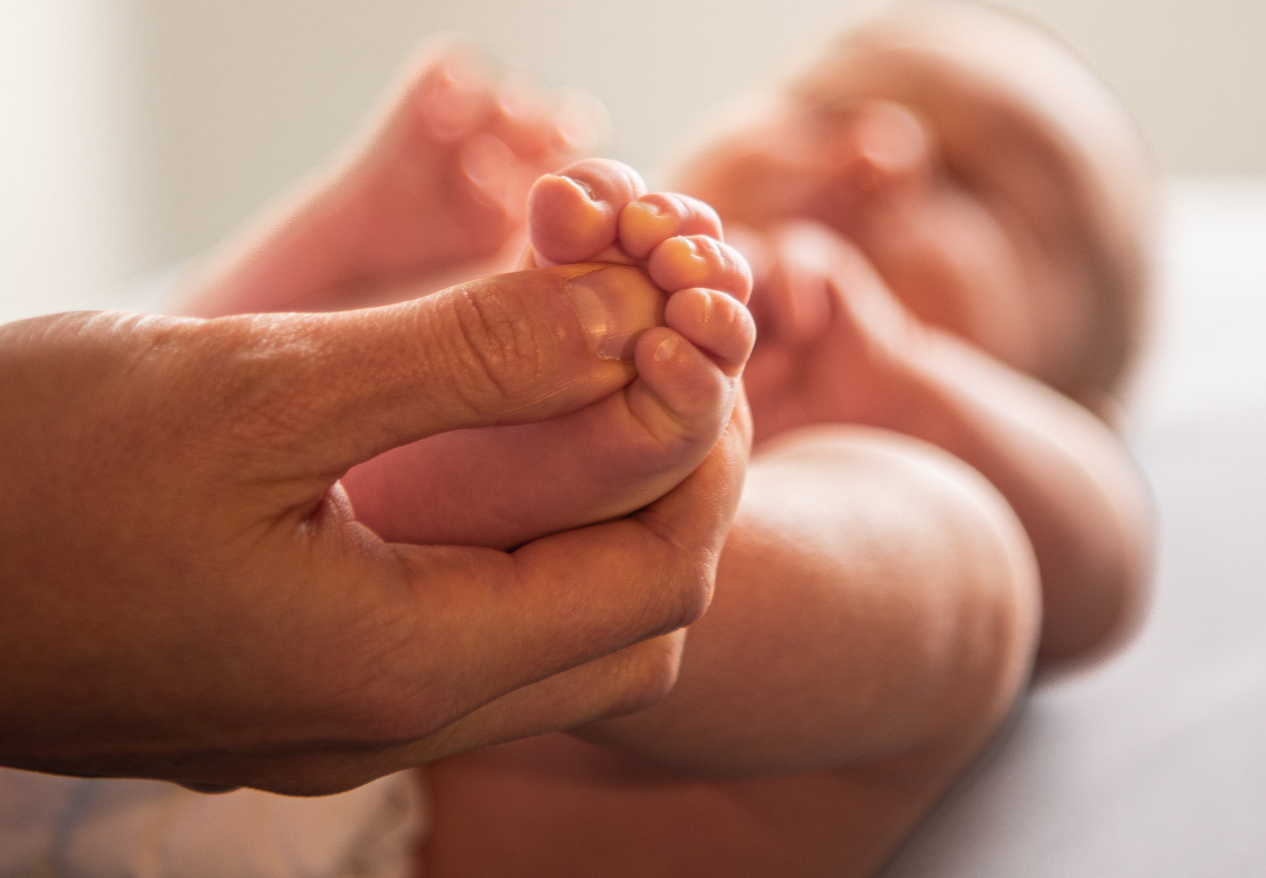 Close-up van een volwassen hand die een baby hand vasthoudt.