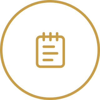 A minimalistic icon of a notepad inside a gold circular border on a black background.