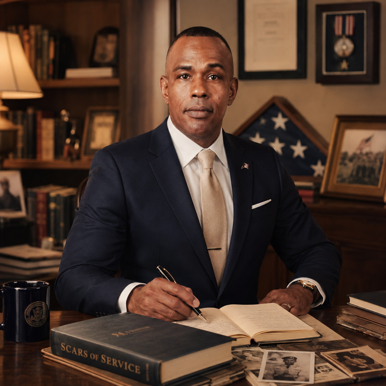 Roosevelt Dunn Jr. working on SCARS OF SERVICE at his desk.