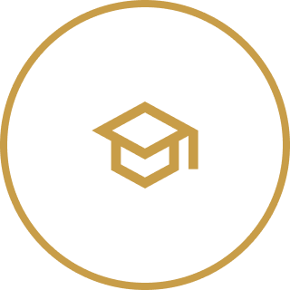 Gold graduation cap icon inside a black circle with a gold border.