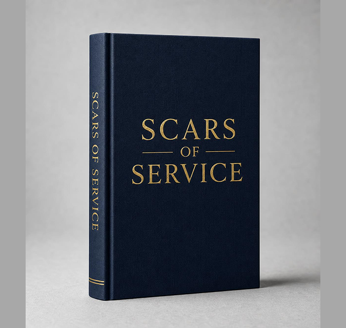 Navy blue hardcover of SCARS OF SERVICE with gold lettering on the cover and spine.
