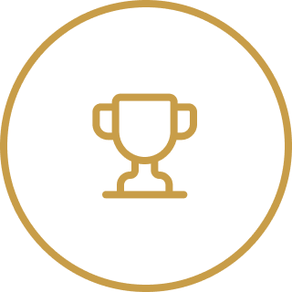 Gold trophy icon inside a black circle with a gold border
