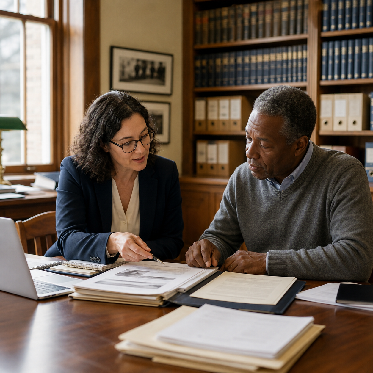 Two people reviewing documents together during a professional consultation.