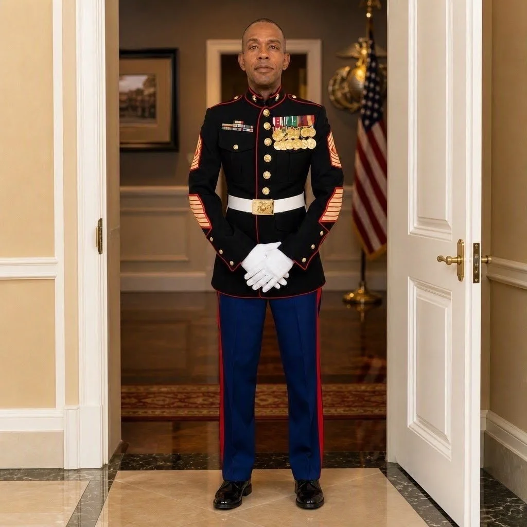 Roosevelt Dunn Jr. in U.S. Marine Corps dress uniform with an American flag in the background.