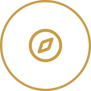 An abstract logo with a black background, featuring a gold circular outline and a central diamond shape.