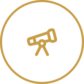 A gold telescope icon inside a black circle with a gold border.
