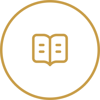Icon of an open book inside a gold circle.