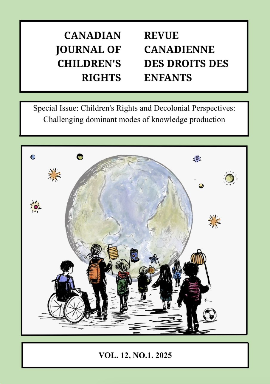 The cover of the Canadian Journal of Children's Rights, volume 12, number 1, 2025, featuring an illustration of children walking towards a large Earth, holding lanterns and balloons, with floating planets and stars in space.