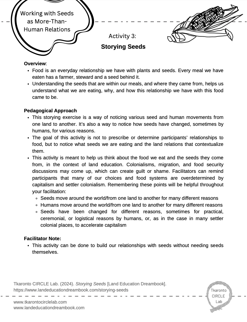 A worksheet titled 'Storying Seeds' with a corn illustration at the top right corner. The worksheet discusses the relationship between humans and seeds, focusing on storytelling exercises to observe seed and human movements, and includes notes on land, migration, and colonialism.