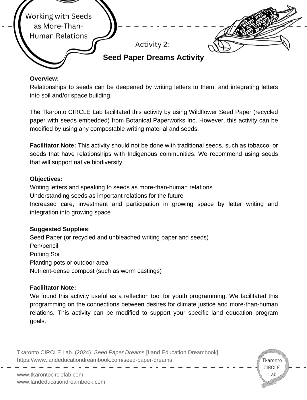 Document titled 'Working with Seeds as More-Than-Human Relations,' featuring an activity called 'Seed Paper Dreams Activity' involving seed paper with embedded seeds, and a corn illustration at the top right corner.