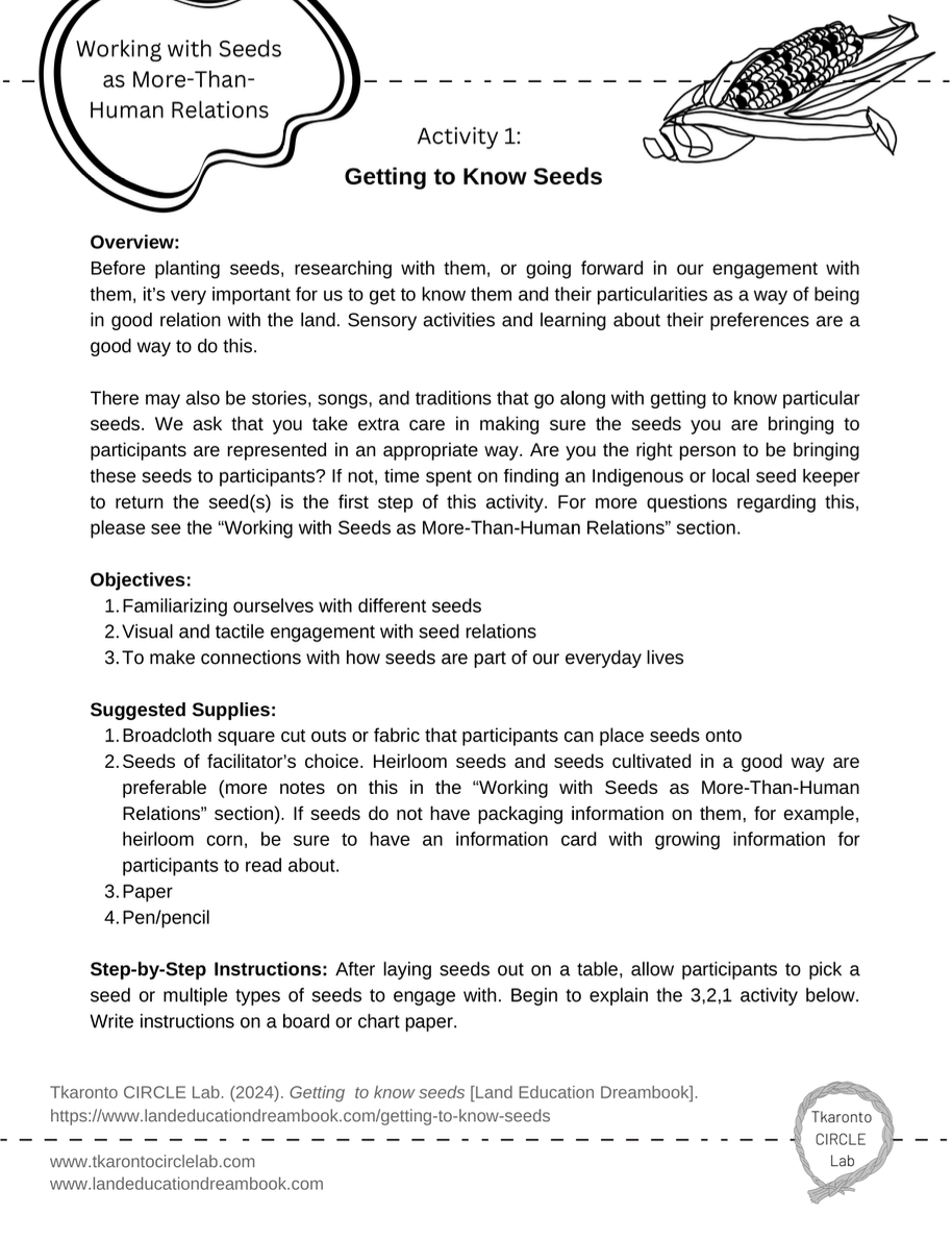 An instructional sheet titled "Working with Seeds as More-Than-Human Relations" that provides an activity for learning about seeds, including steps for getting to know seeds, objectives, suggested supplies including fabric or square cut outs, and detailed step-by-step instructions for a seed activity.