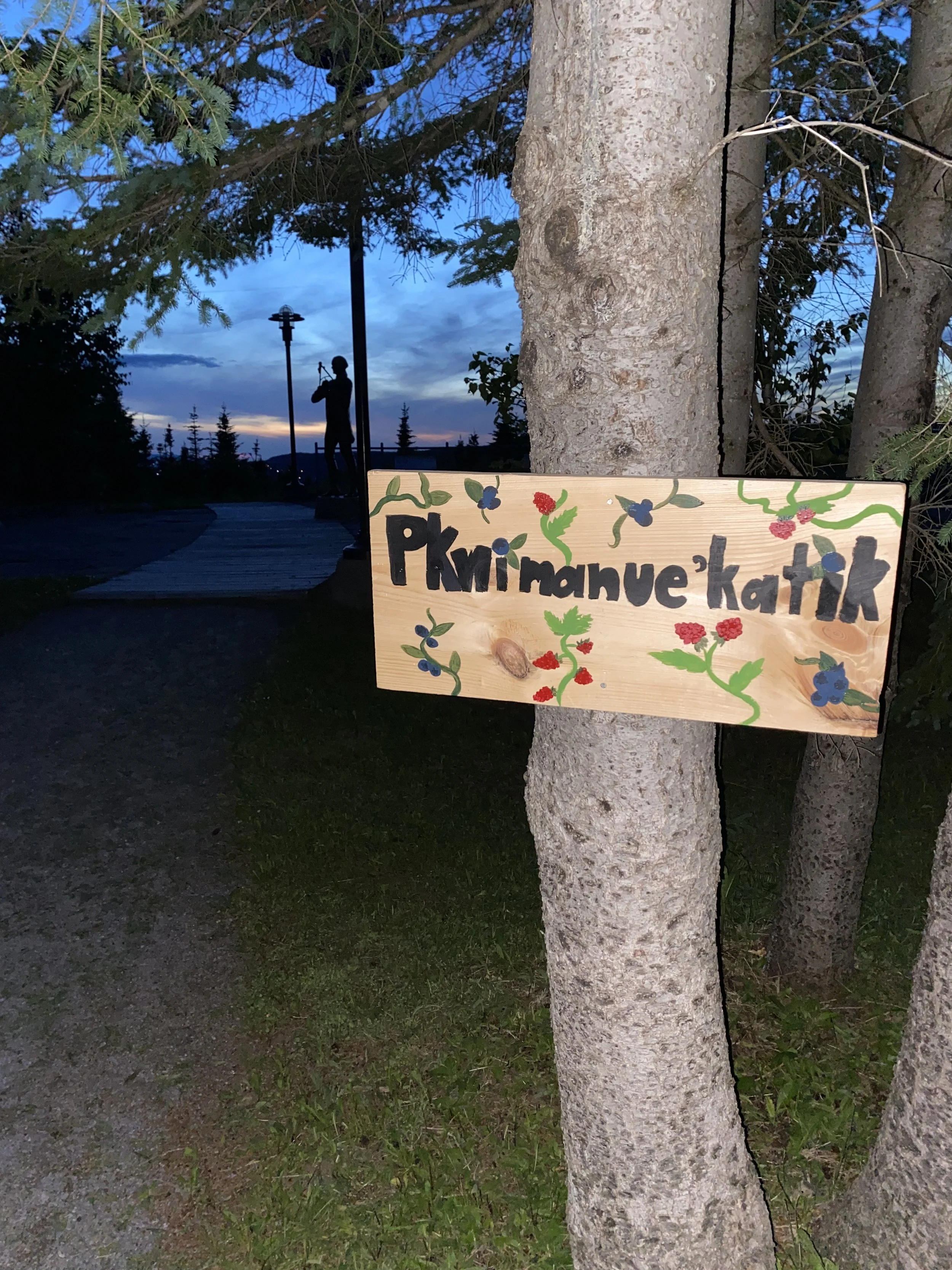 A colorful wooden sign with the word Pkwimanue’katik meaning the "place where the blueberries are plenty" in Mi'kmaw. decorated with painted berries, leaves, and vines. Intentionally placed ahead of the Captain Cook Monument.