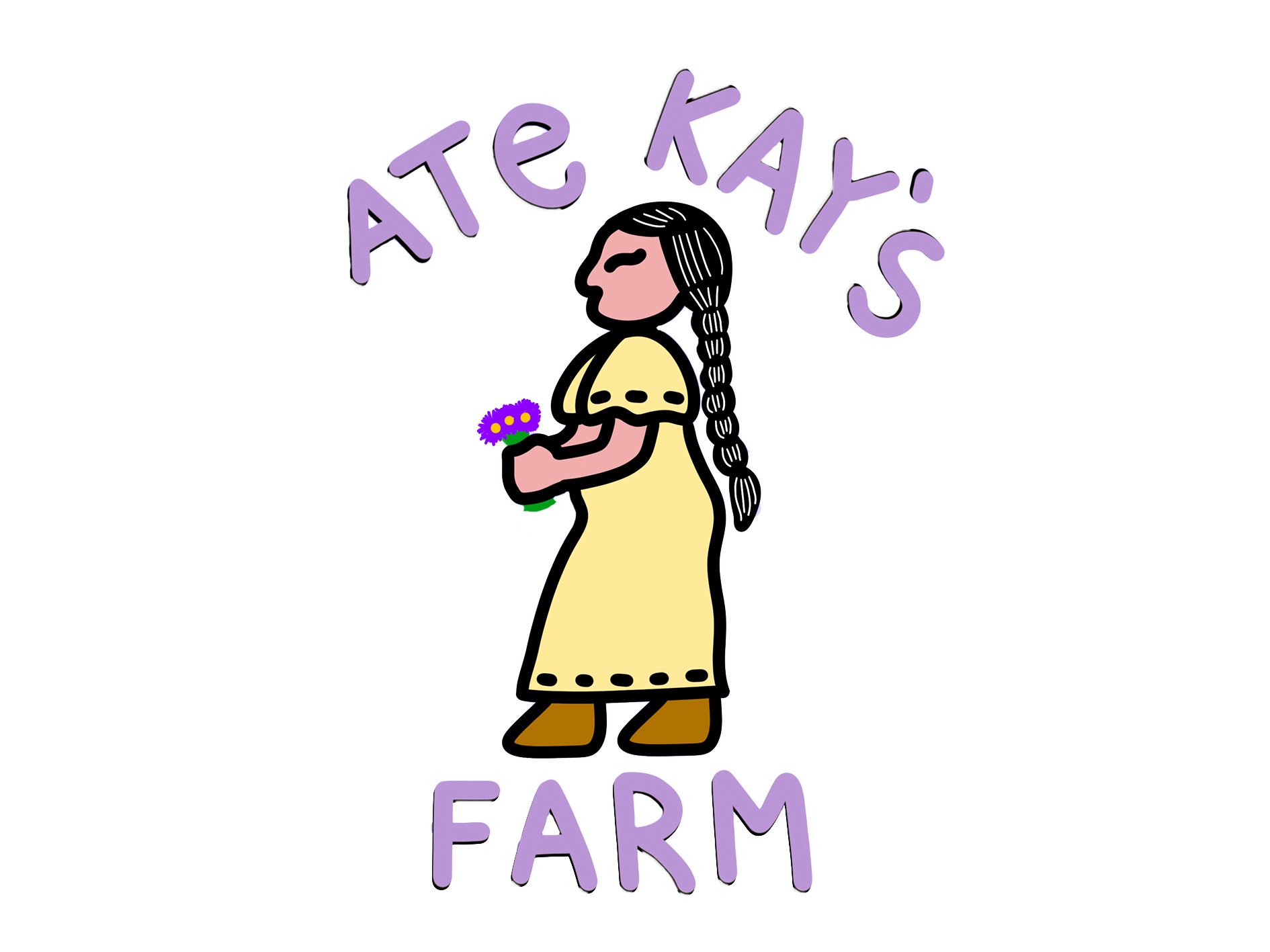 Kaitlin's farm logo for Ate Kays Farm. A girl with long braided hair wearing a yellow dress and brown boots holding a purple flower, standing in front of a light purple background with the words 'Ate Kays Farm'  in purple 3D letters.