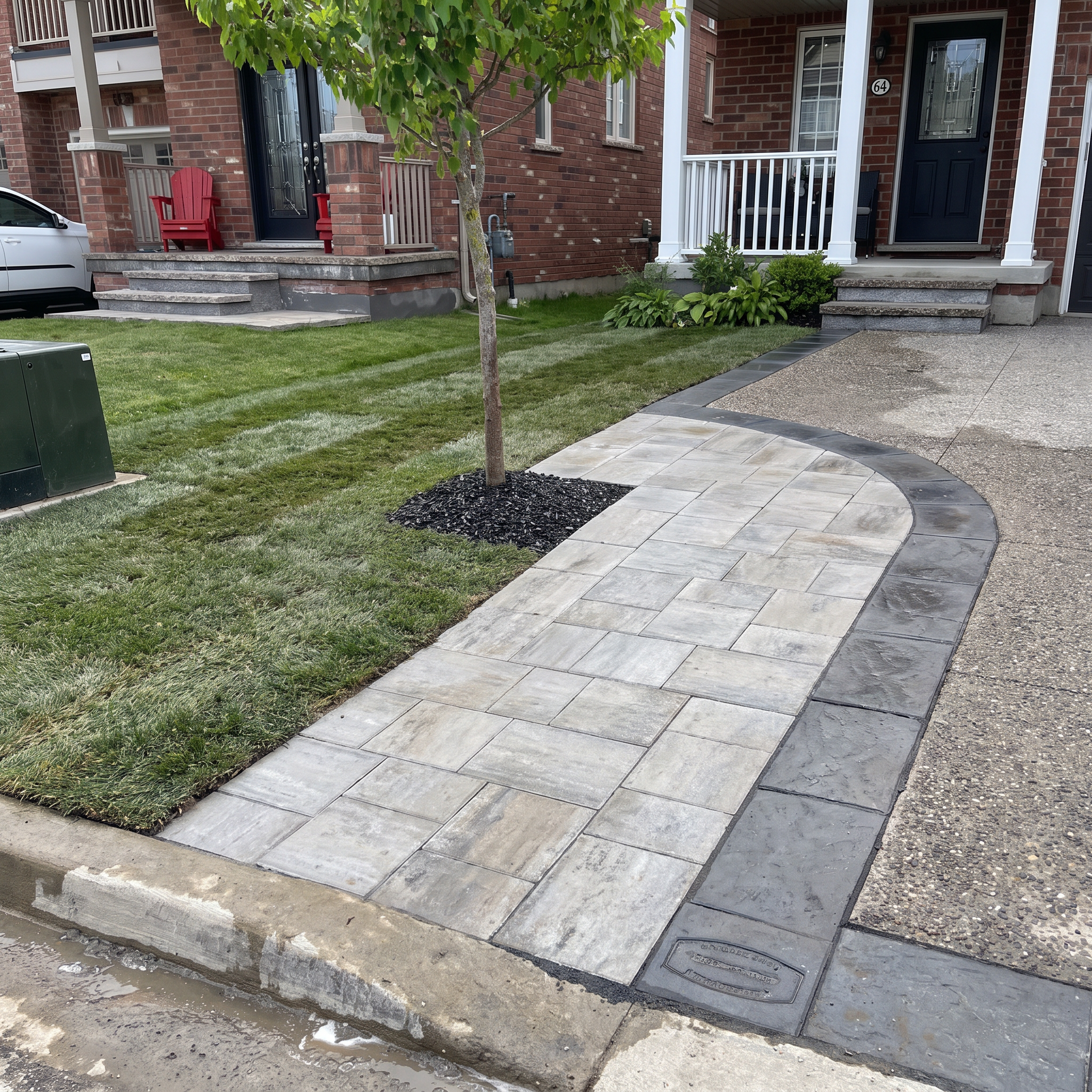 Front porch of a brick house with black door and white railings, small stairs, a tree in a small garden bed, and a sidewalk with newly poured cement.