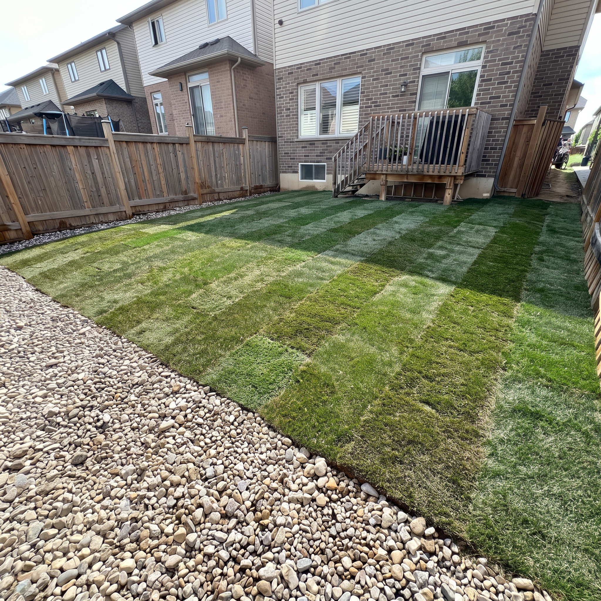 Backyard with artificial grass, stone border, wooden fence, and two-story brick house with deck and stairs.