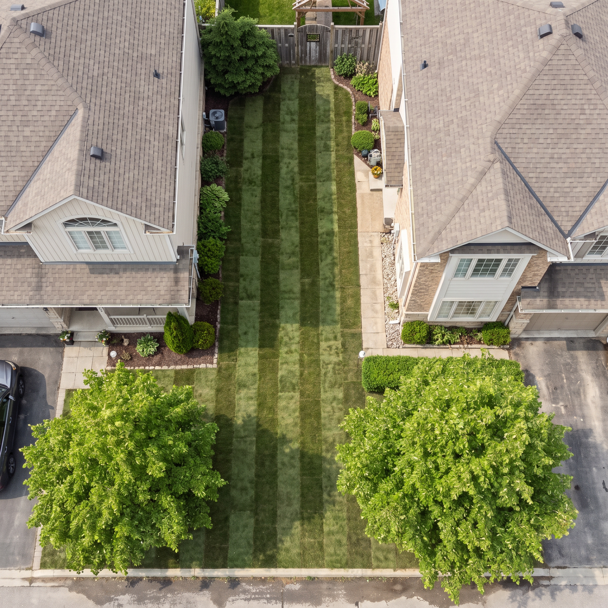 An aerial view of a suburban backyard with a neatly maintained lawn, surrounded by trees, bushes, and potted plants, bordered by neighboring houses with beige and gray roofs.