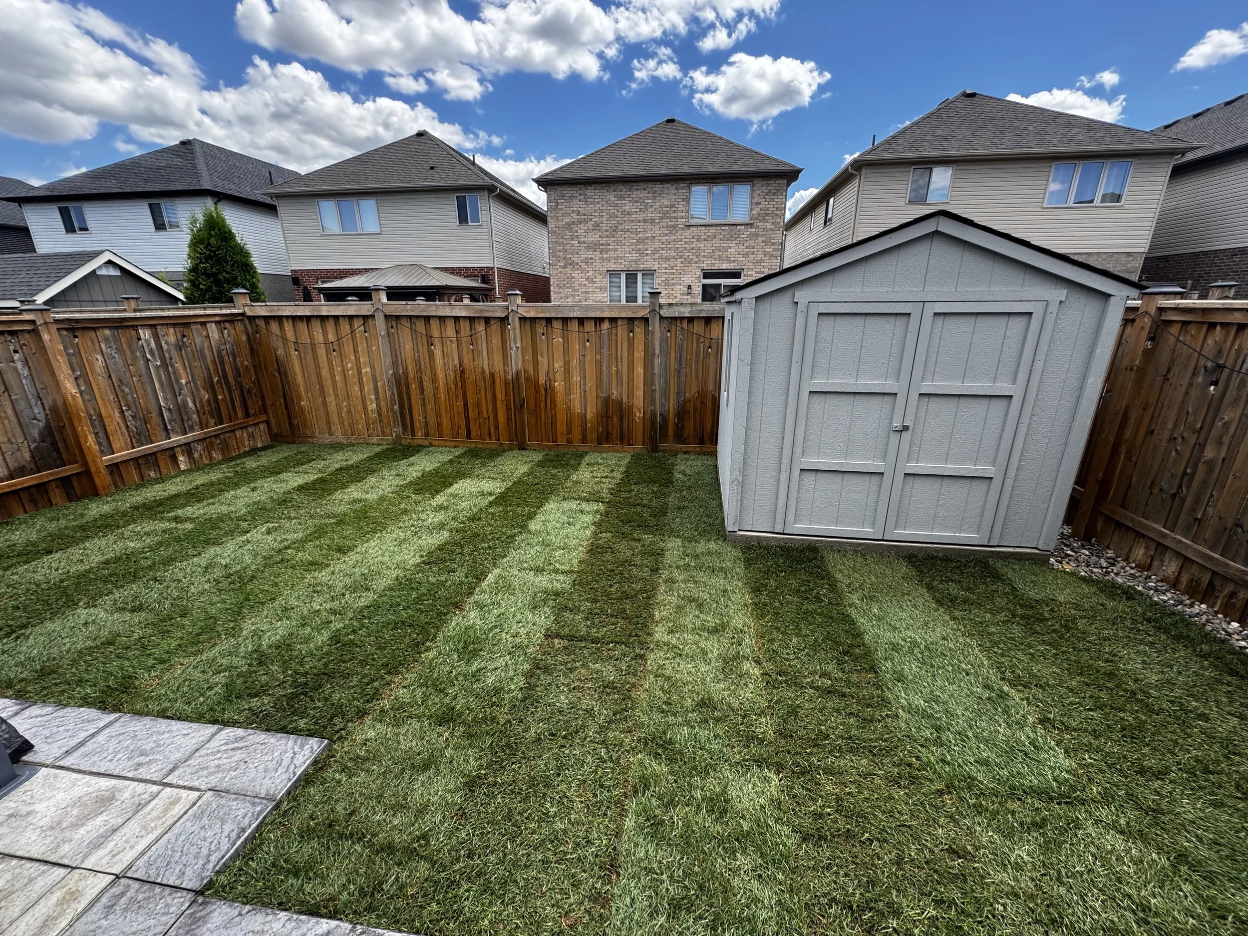 Backyard with wooden fence, small shed, patch of grass, and neighboring houses under partly cloudy sky.