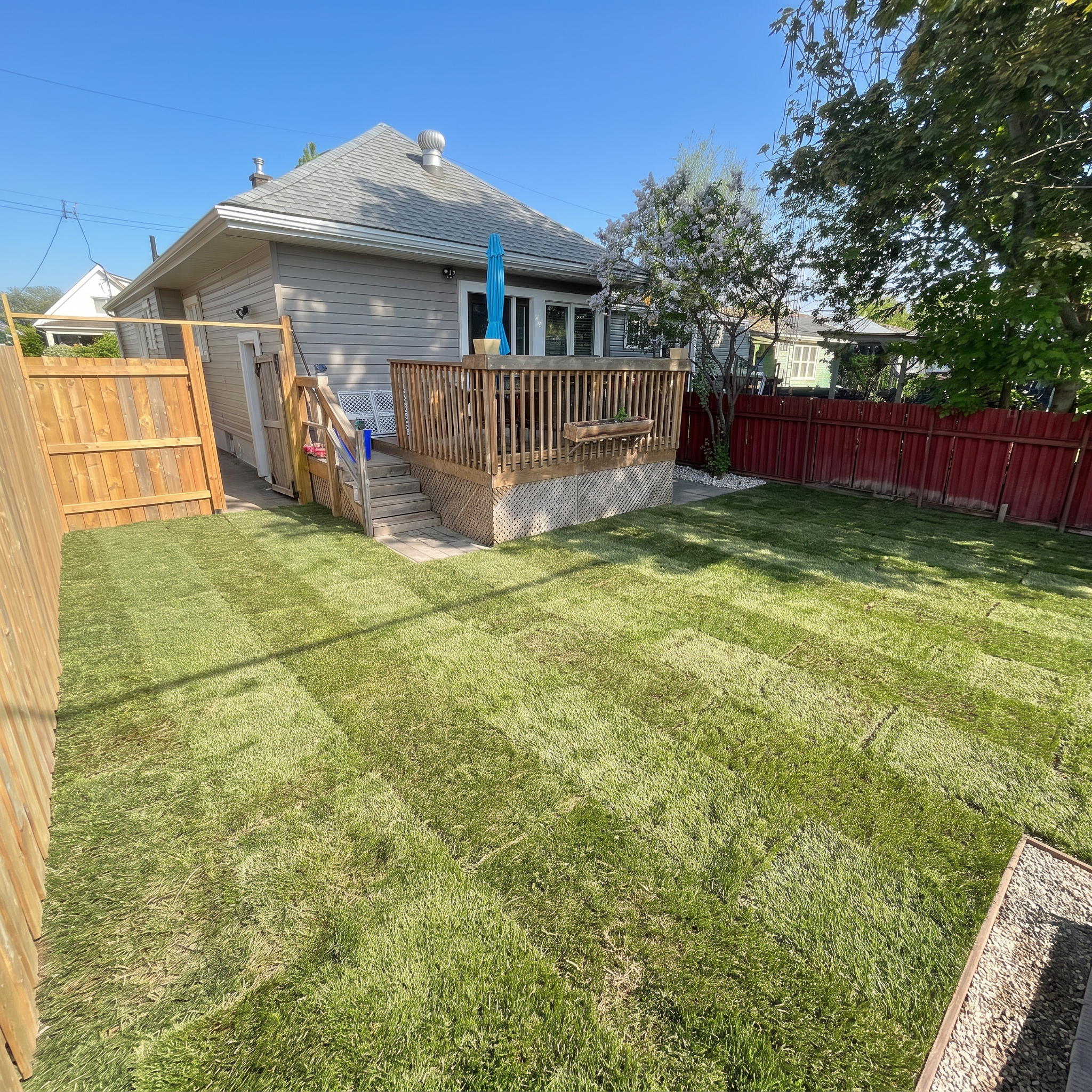 A backyard with a raised deck, umbrella, and wooden fence, featuring green grass, trees, and a house with a gray roof.
