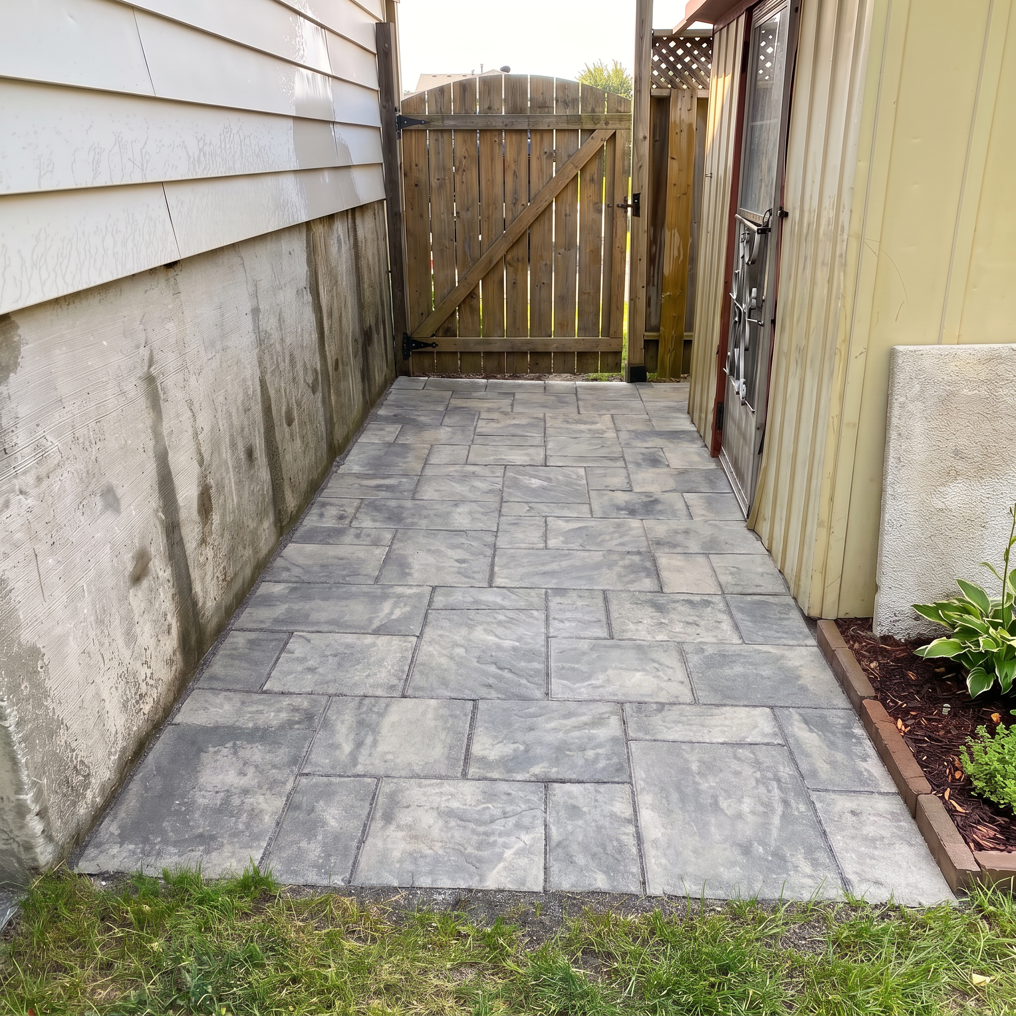 Small backyard with a wooden gate, tiled patio, and a patch of grass with plants in a brick planter box.