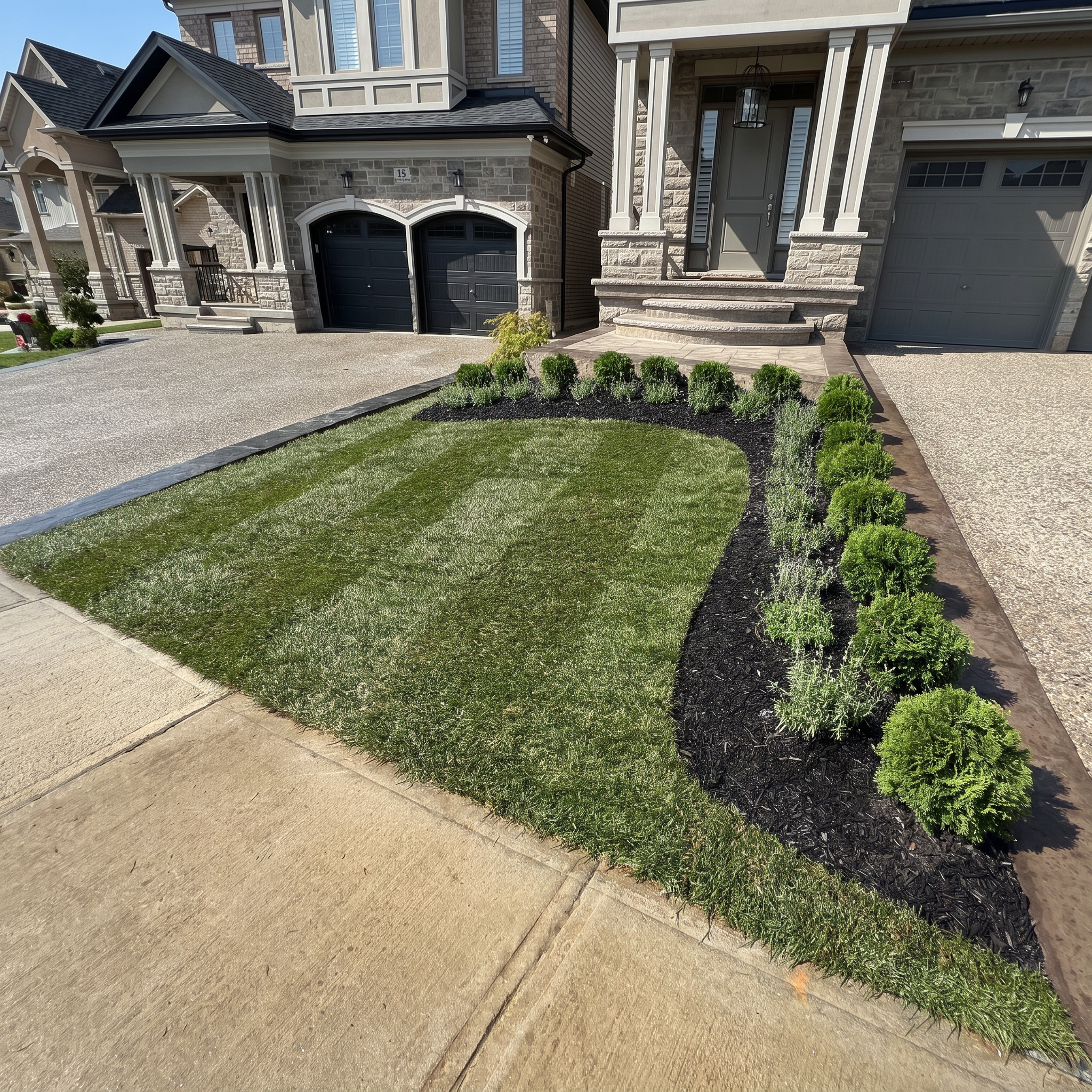 Front yard of a house with neatly landscaped area, including green bushes, small plants, and a black mulch bed, with concrete sidewalk and driveway in the foreground.