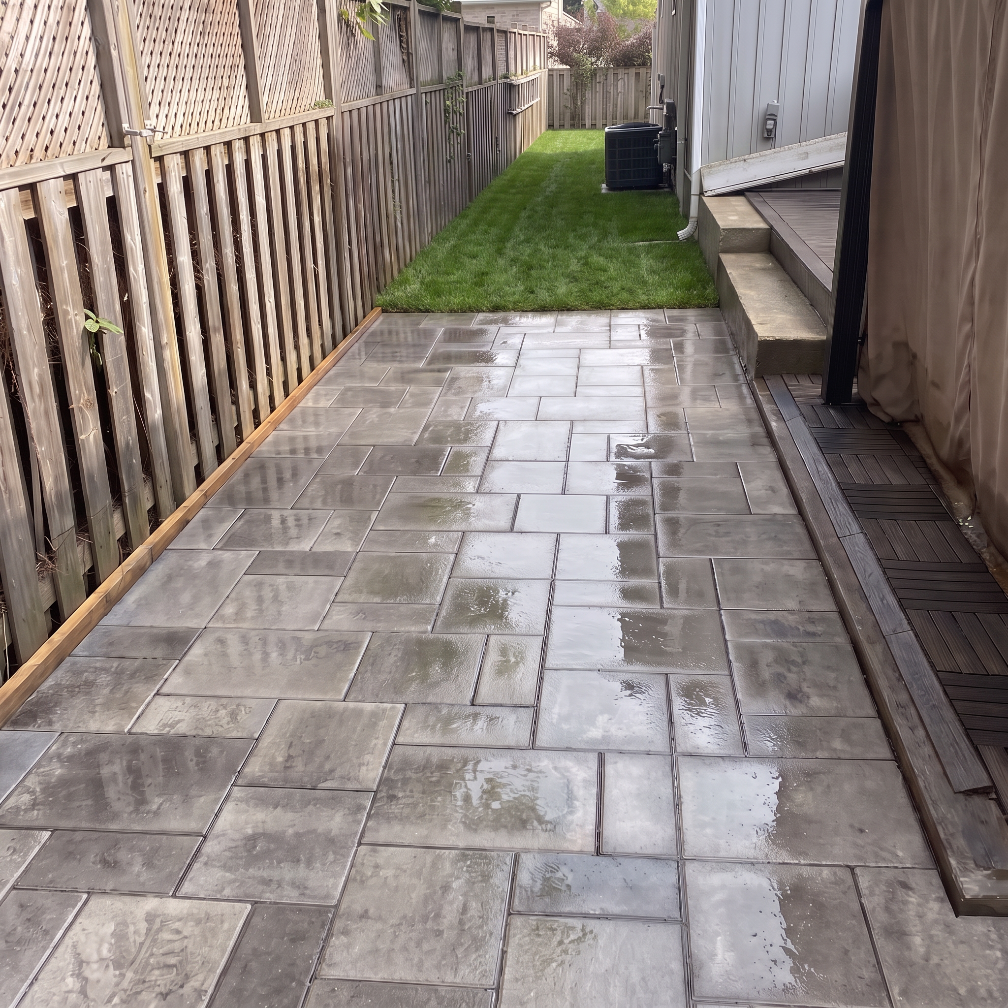 A small backyard patio and lawn area with a wooden fence, a gray building with metal siding, an air conditioning unit, and a sliding door partially covered by a curtain. The patio tiles appear wet from rain.