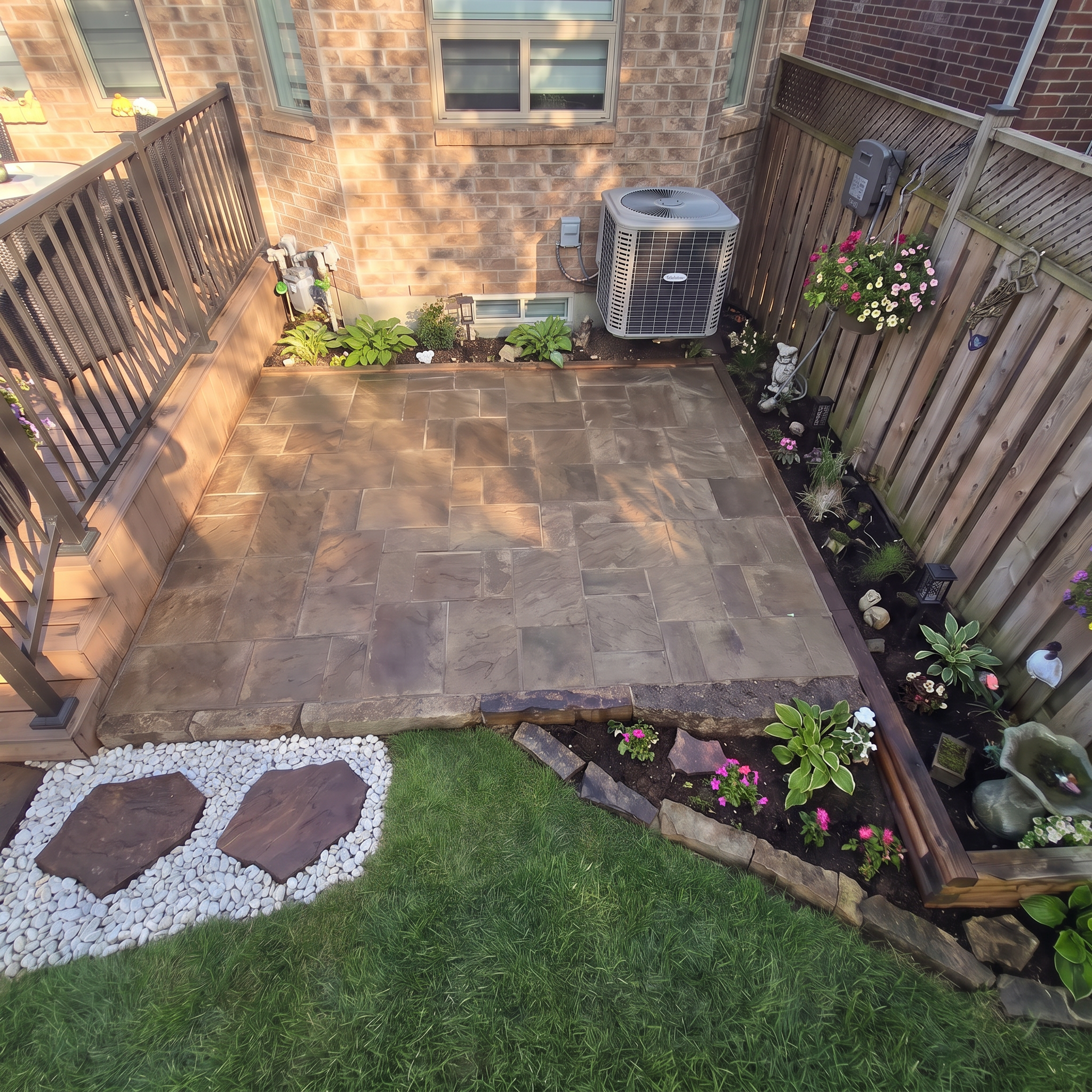 A small outdoor patio area with potted plants, decorative stones, grass, a black metal railing, a brick wall with a window, and an air conditioning unit.