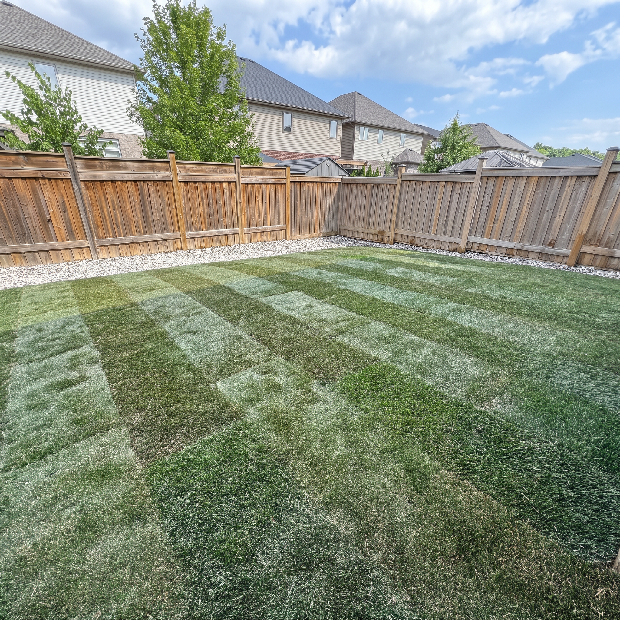 Backyard with a wooden privacy fence, artificial grass, two trees, and houses under a partly cloudy sky.