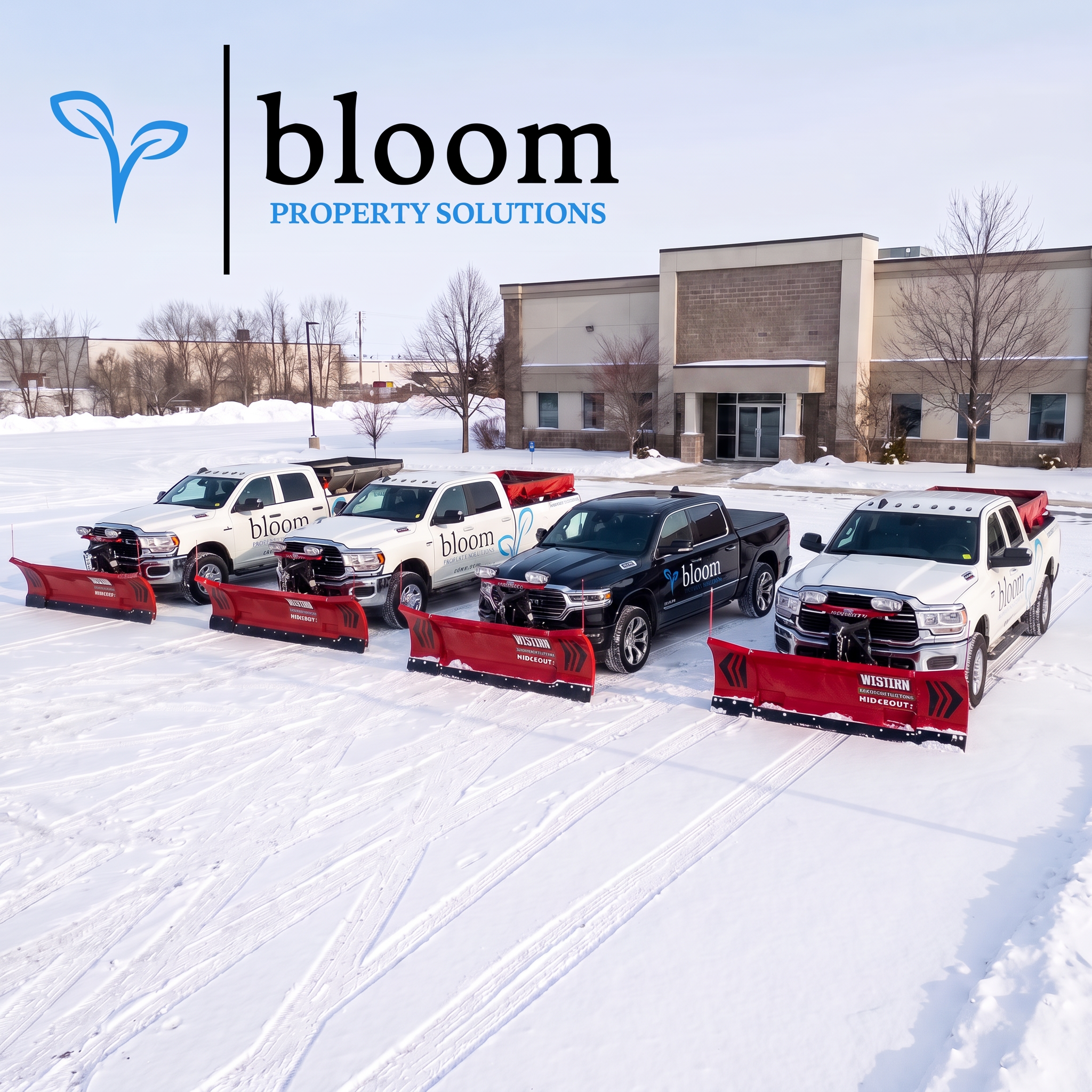 Snow-covered parking lot with multiple pickup trucks branded with 'bloom' parked behind red snow plows, and a commercial building in the background with bare trees and a clear sky.