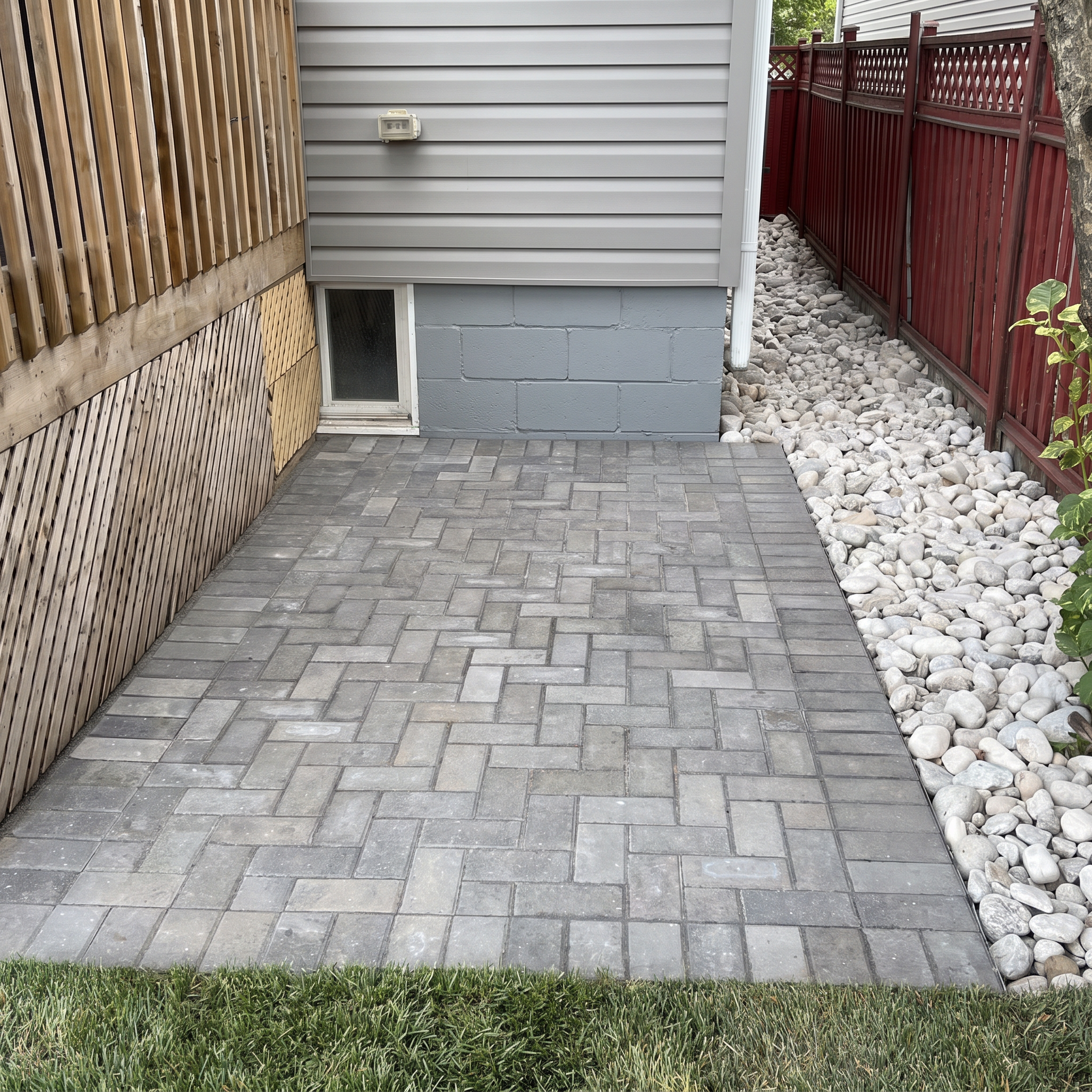A backyard scene with a paved patio area, a gray house wall, a red wooden fence, a small window in the house foundation, and a grassy lawn area at the bottom of the image.