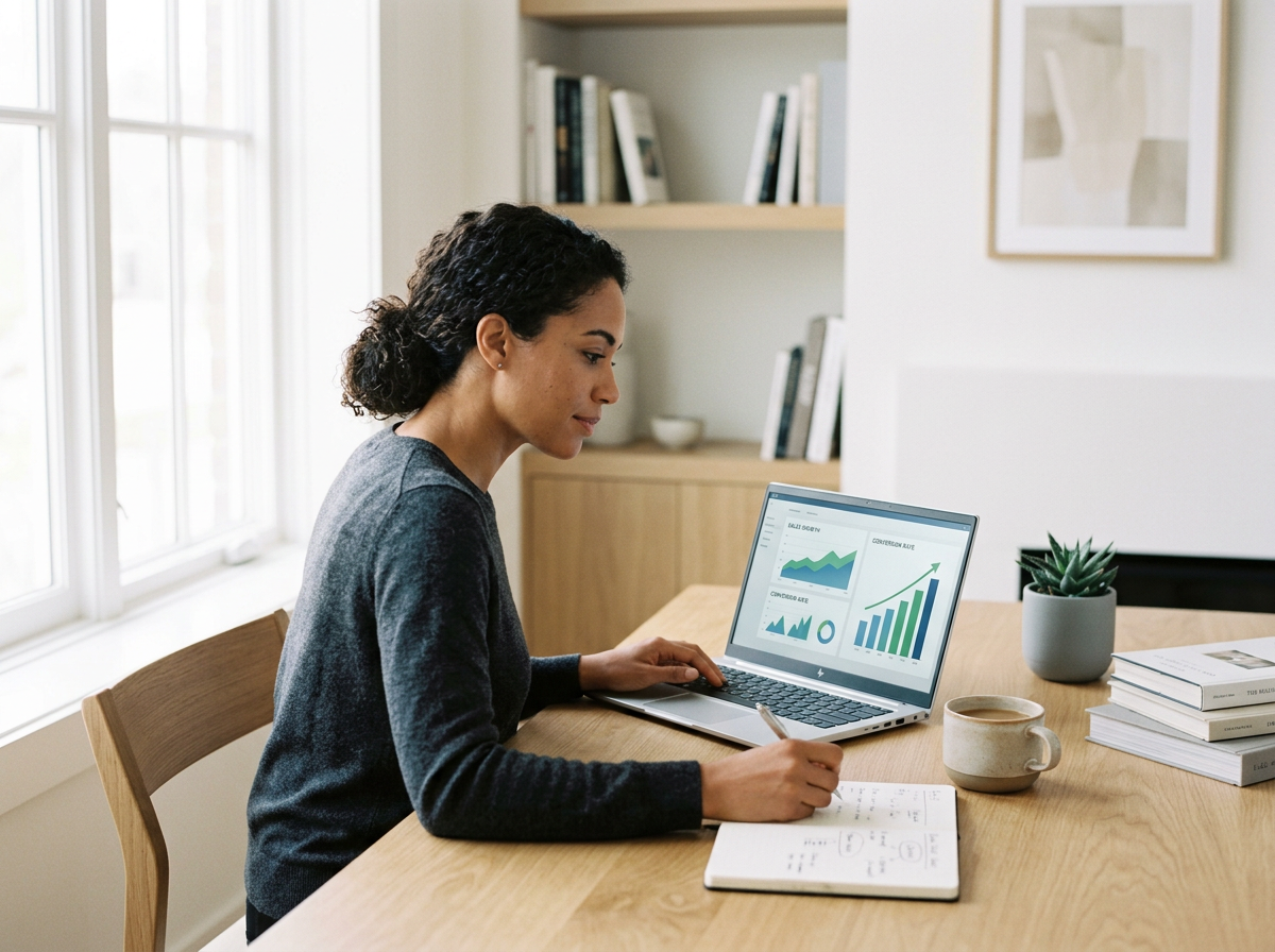 Woman working on a laptop with graphs, charts, and a notebook with notes at a wooden desk in a bright room.