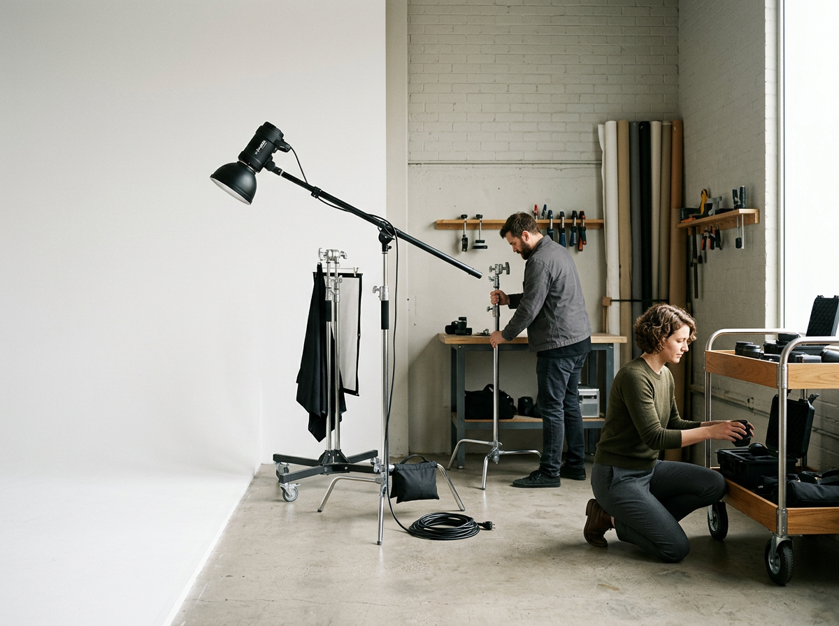 A photographer and a woman working in a photography studio with a white backdrop, lighting equipment, and tools on the wall.