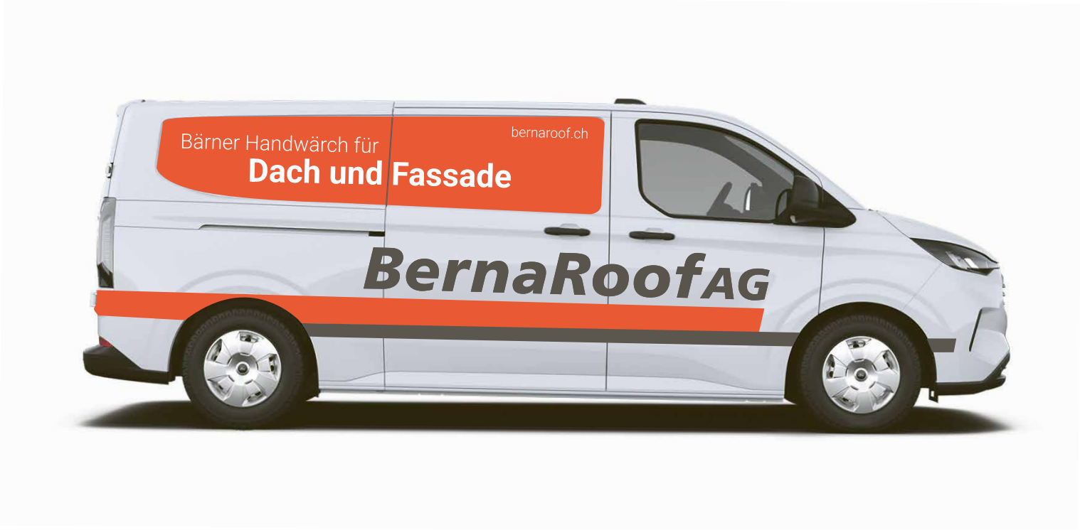 Weißer Lieferwagen mit Firmenwerbung für BernaRoof, spezialisiert auf Dächer und Fassaden, mit orangefarbenem und grauem Design, inklusive Website bernaroof.ch.