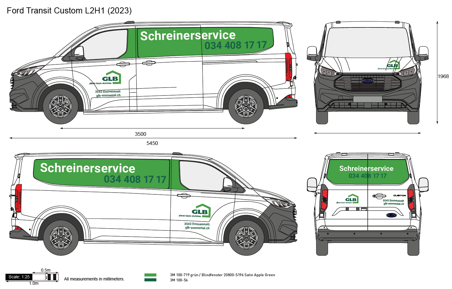 Entwurf einer Fahrzeugbeschriftung für einen Ford Transit Custom L2H1 (2023), mit grünen Werbeflächen für die Firma GLB, die Schreinerarbeiten anbietet, inklusive Kontaktinfos und Logos auf Seiten und Heck des Fahrzeugs.