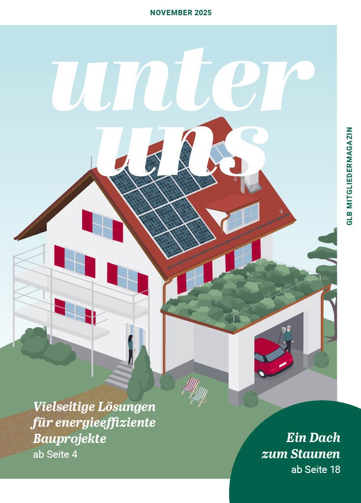 Illustration eines Hauses mit Solardächern, einem begrünten Flachdach und einer Garage, davor ein Garten mit Bänken und Bäumen, und eine Person, die hinausschaut.