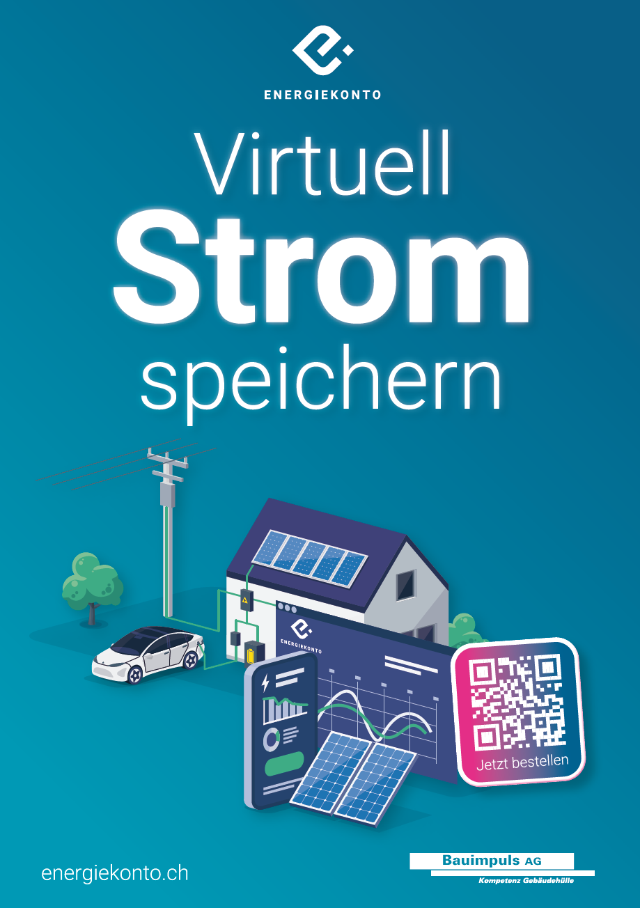 Werbung für virtuelle Stromspeicherung durch Energiekonto mit Solarzellen, Smartphone und QR-Code gegen klimafreundliche Energie.