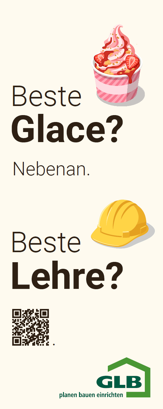 Werbeanzeige mit einem Eisbecher und einem Bauhelm sowie QR-Code und GLB-Logo.