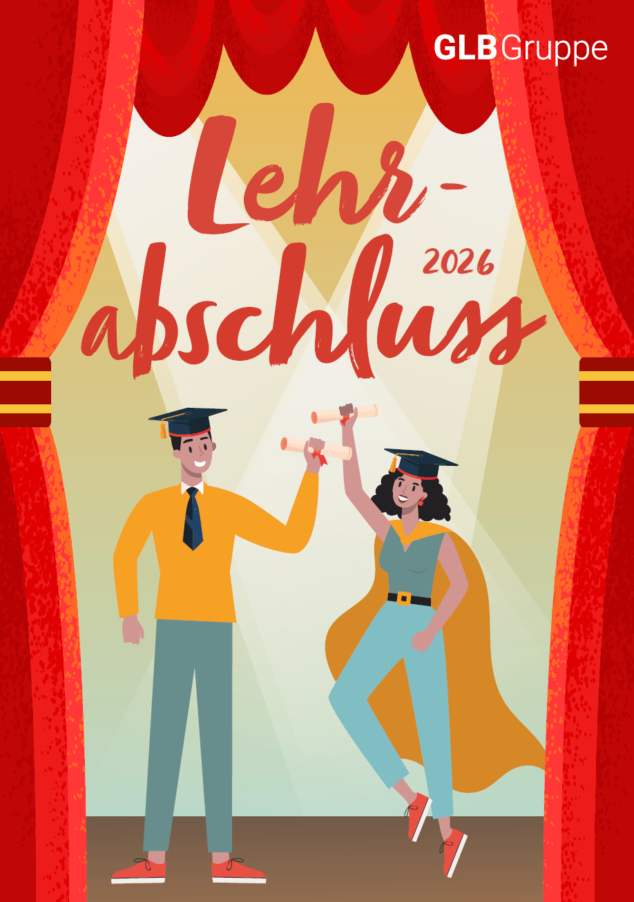 Eine bunte Illustration eines Abschlussballs, bei dem zwei Personen in Hochschulkleidung jubelnd mit Diplomen auf einer Bühne stehen, eingerahmt von roten Vorhängen, mit dem Schriftzug 'Lehrabschluss 2026' und dem Logo 'GLB Gruppe'.