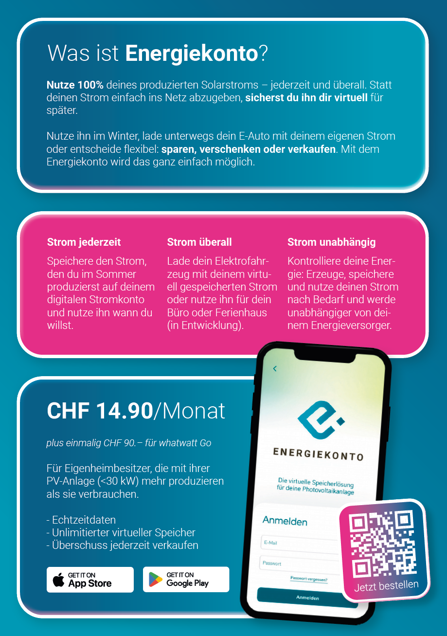 Infografik über das Energiekonto, erklärt die Nutzung von Solarstrom, Vorteile und Abrechnung, mit einem Smartphone-Bild und QR-Code für die Anmeldung.