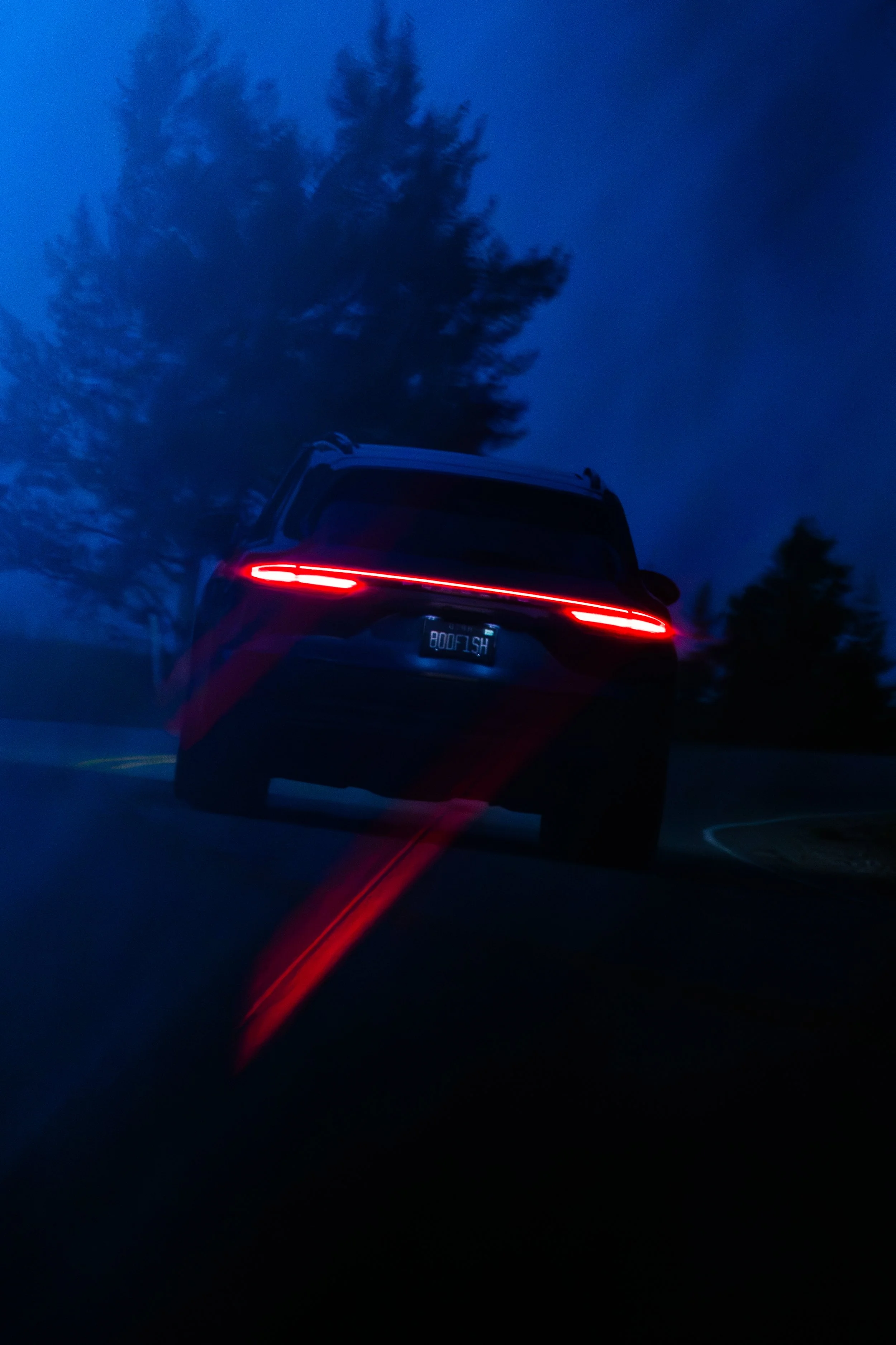 Rear view of a Porsche SUV with illuminated red taillights driving on a dark road at dusk, with trees and a cloudy sky in the background.