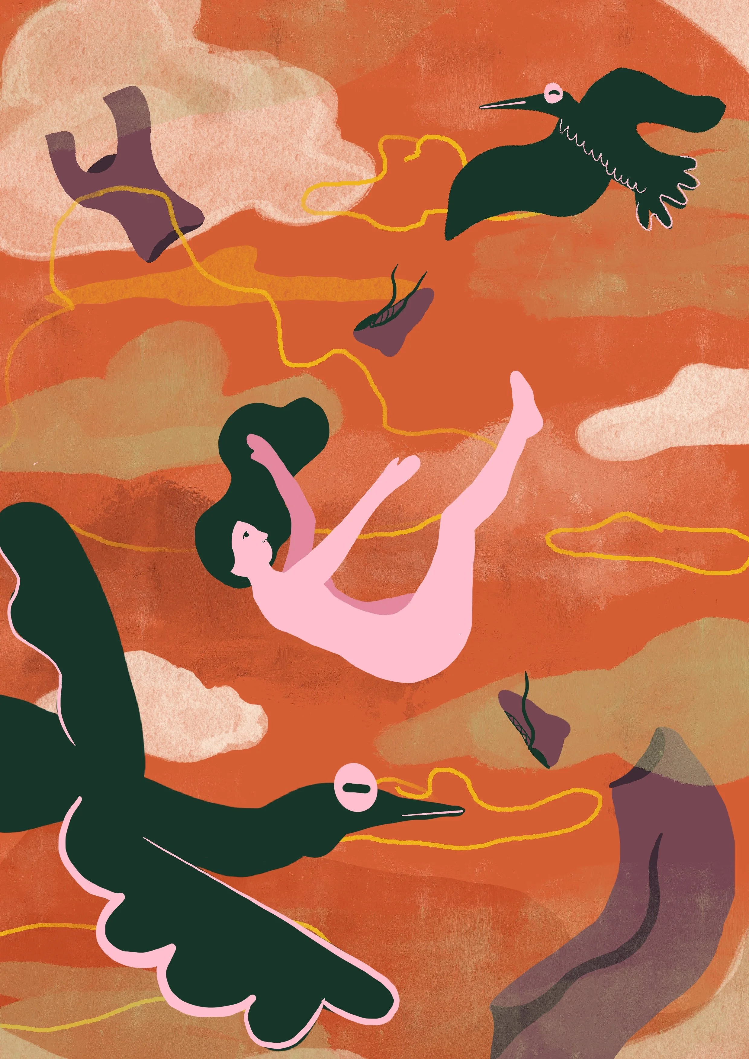 Abstract digital illustration featuring a pink human figure with arms raised and legs extended, black bird-like figures with long beaks, and various organic shapes and lines on a warm, reddish-orange background.