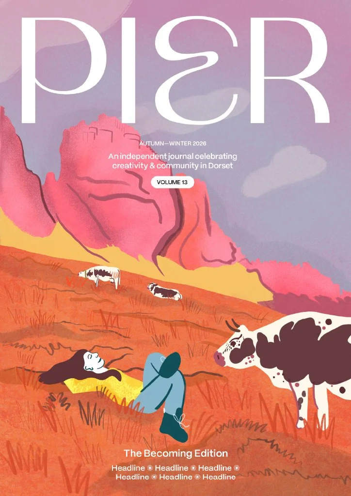 Illustration of a person lying on the grass with a hat, surrounded by cows. Mountains and a colorful sky in the background, depicting a pastoral scene.