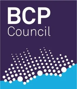 Logo of BCP Council with purple background, white text, and a dotted wave design in white and light blue.