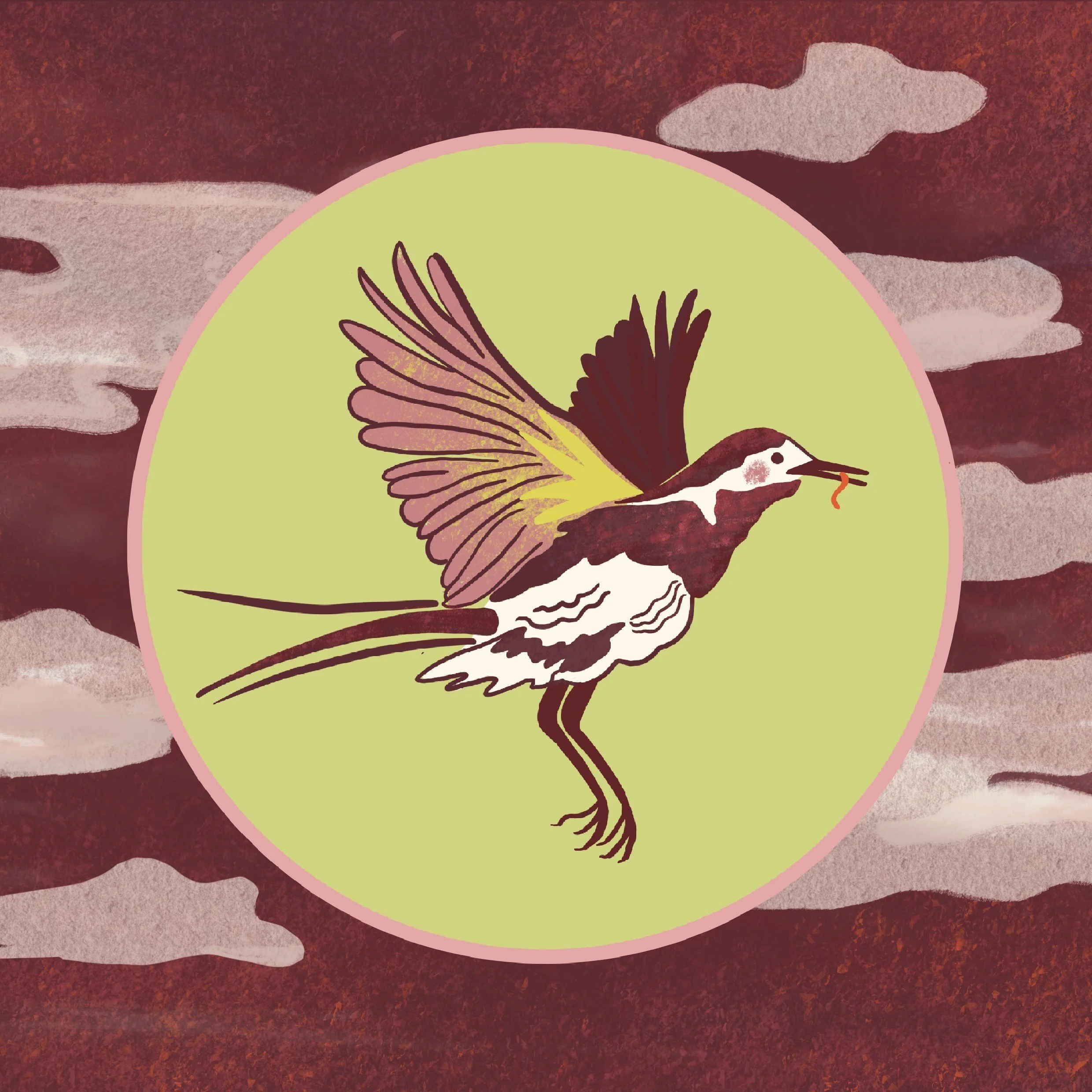Illustration of a bird with outstretched wings inside a pink-bordered yellow circle, set against a red sky with scattered clouds.