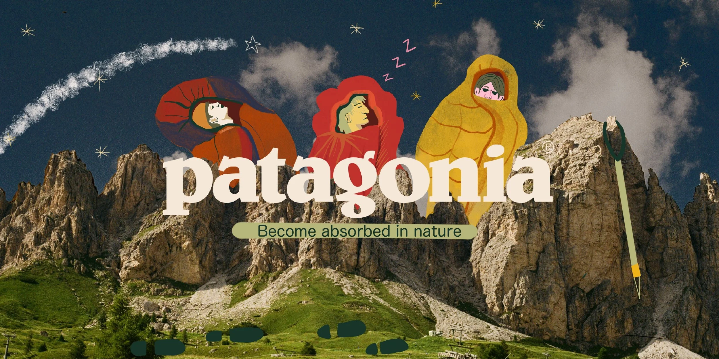 Illustration of three people sleeping wrapped in blankets on rocky mountain peaks with a night sky background, stars, and the word 'patagonia' and the tagline 'Become absorbed in nature'