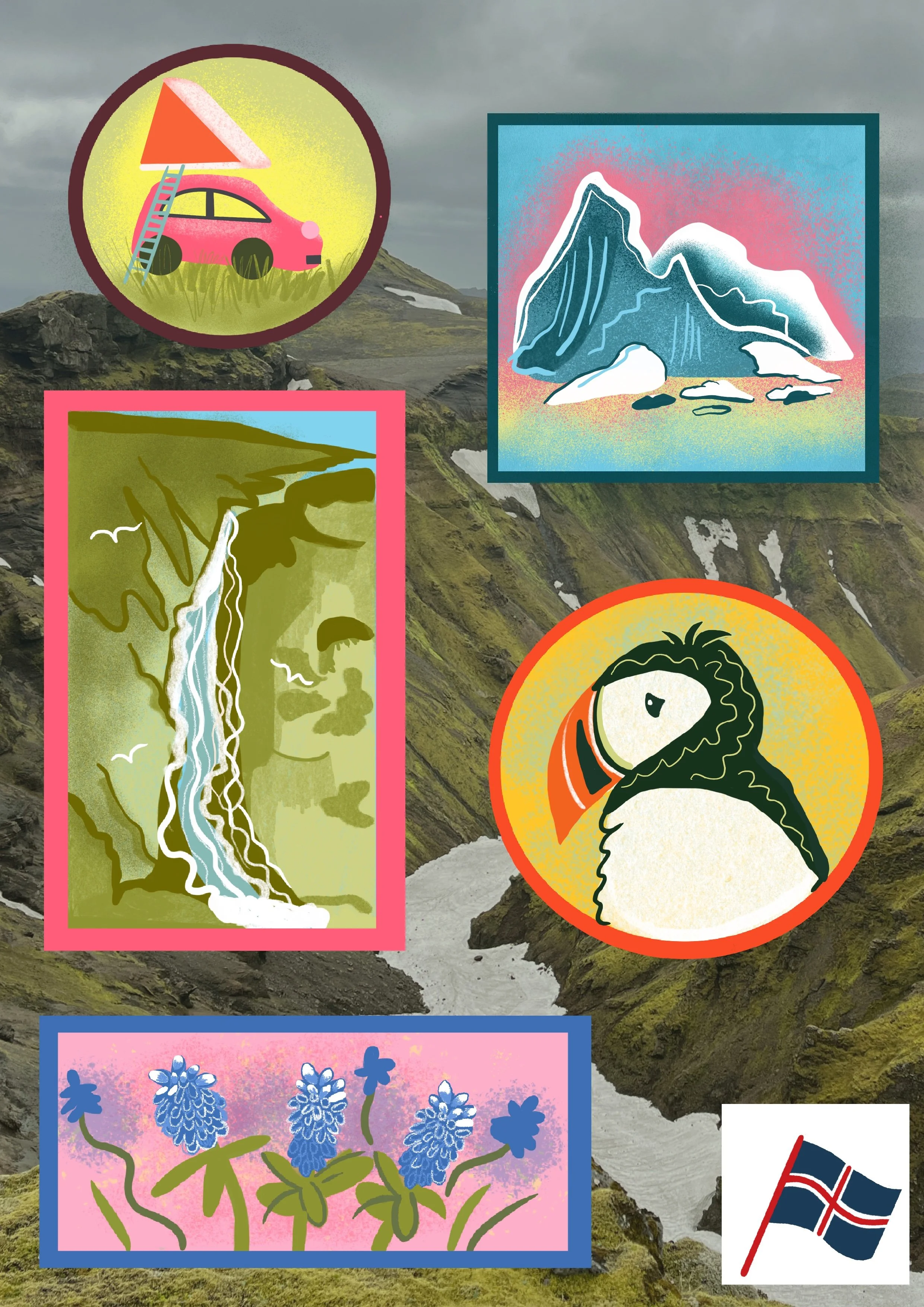A collage of illustrations featuring natural and cultural elements overlaid on a mountainous landscape background. The images include a pink car with a ladder and a tent on its roof, a mountain with surrounding snow and rocks, a waterfall with birds 