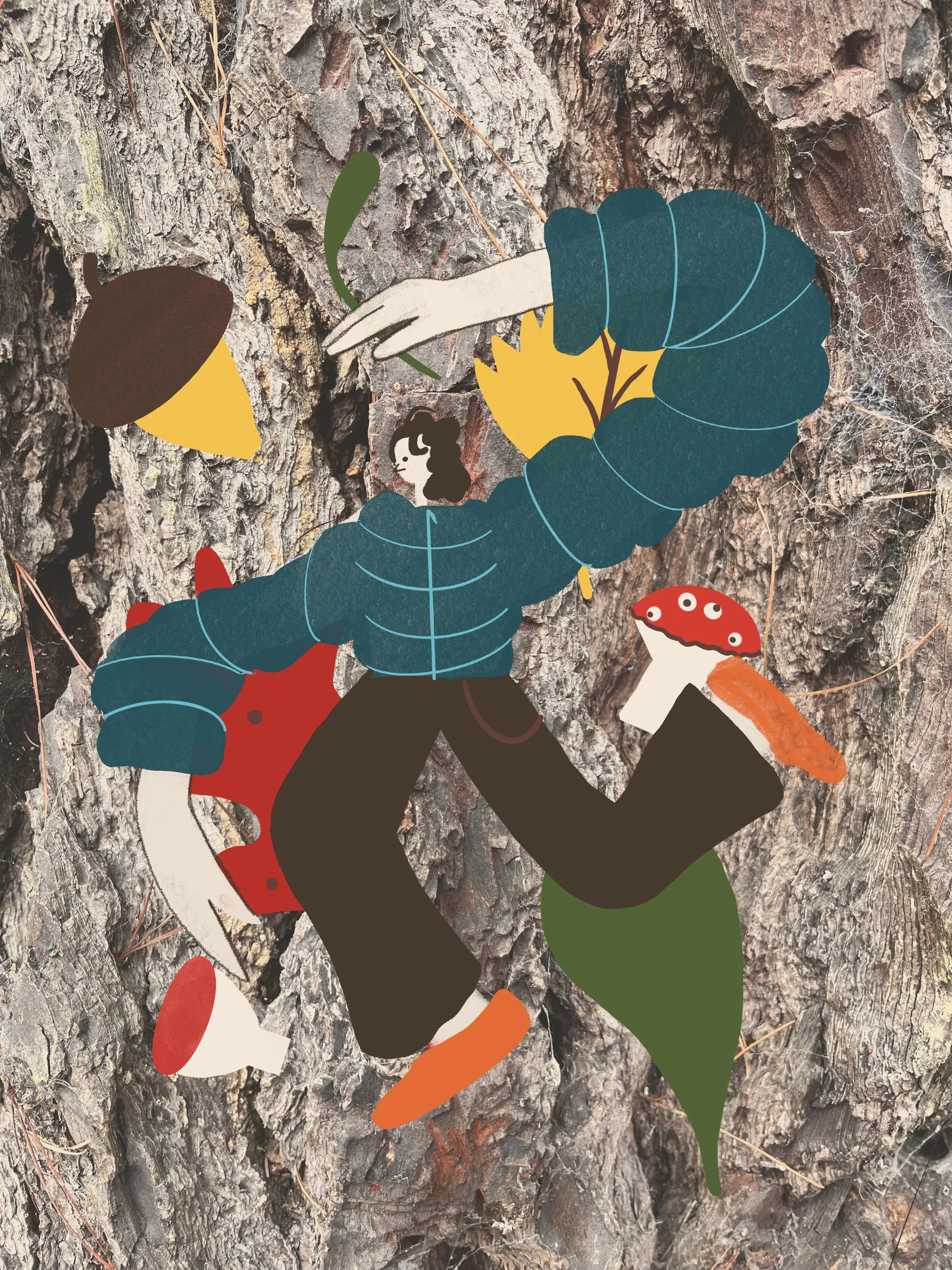Illustration of a person with a blue cape and dark clothing, climbing a tree with a large caterpillar and mushrooms, set against a tree bark background.